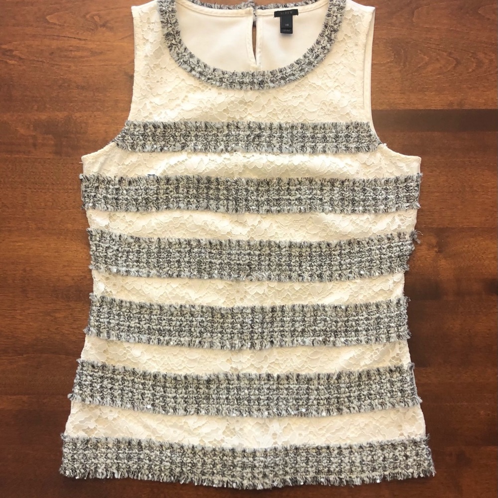 J Crew ivory, gray,&silver top w/lace